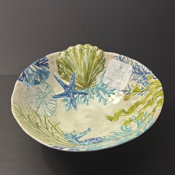 5pc SIGRID OLSEN Blue and Green Coastal Art Bowl & Dinner Plate Set - Melamine - Picture 3 of 10